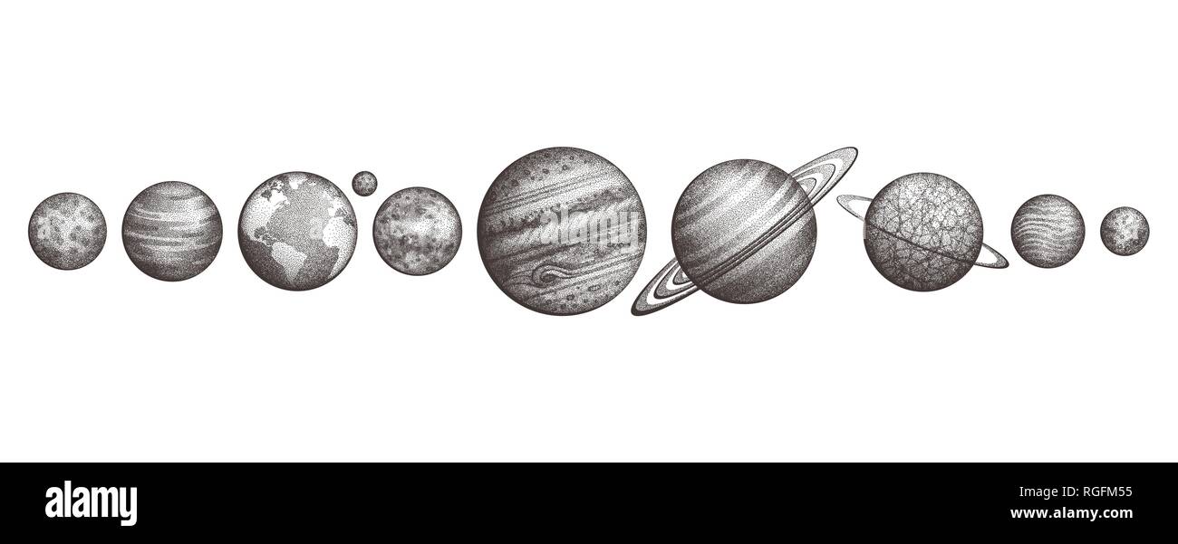 Raccolta dei pianeti nel sistema solare. Stile di incisione. Vintage elegante set di scienza. Geometria Sacra, magia, filosofie esoteriche, tatuaggio, arte Illustrazione Vettoriale