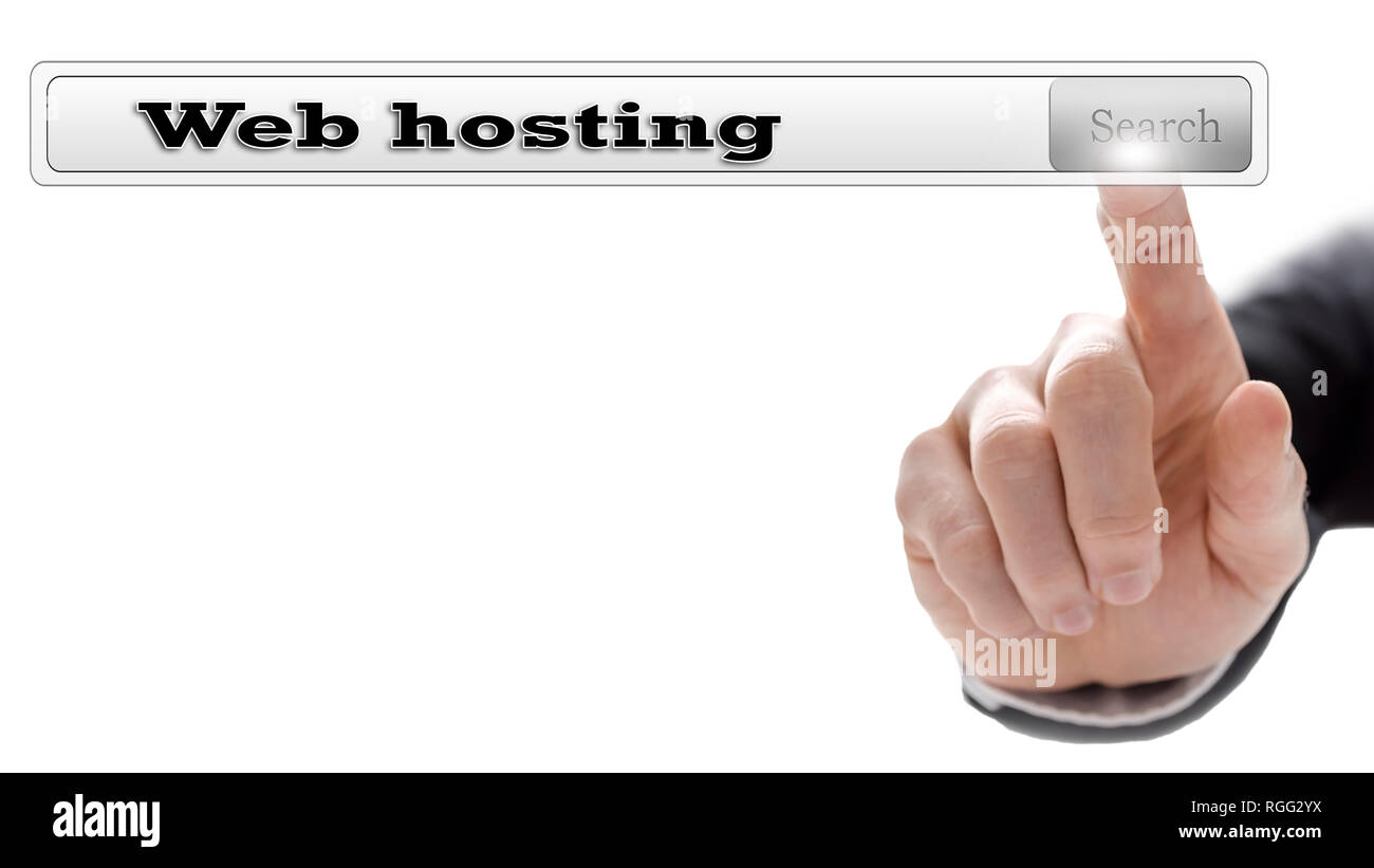 Web hosting scritto nella barra di ricerca su schermo virtuale. Foto Stock