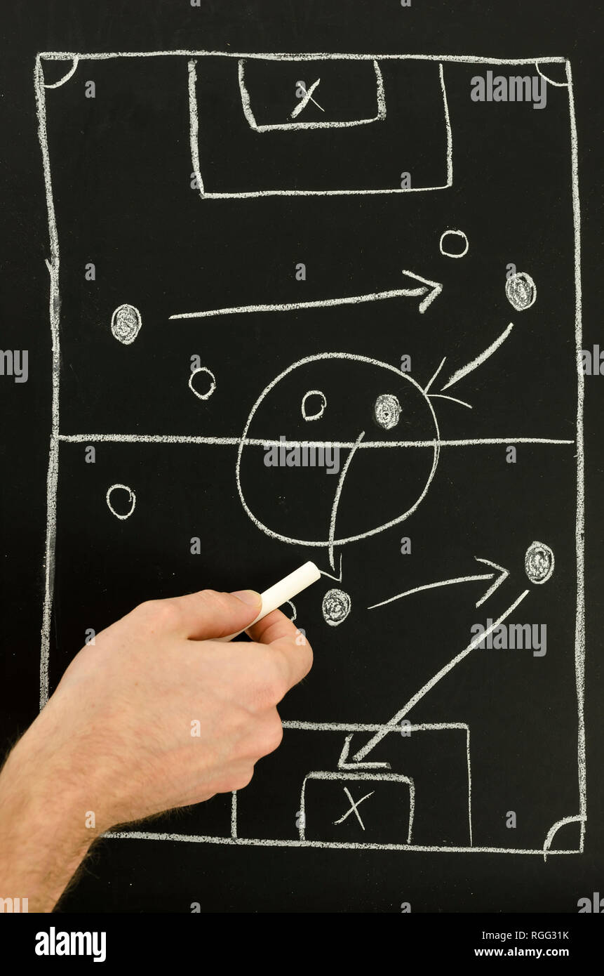 Vista dall'alto di un uomo di disegno di un gioco di calcio strategia con gesso bianco su una lavagna. Foto Stock