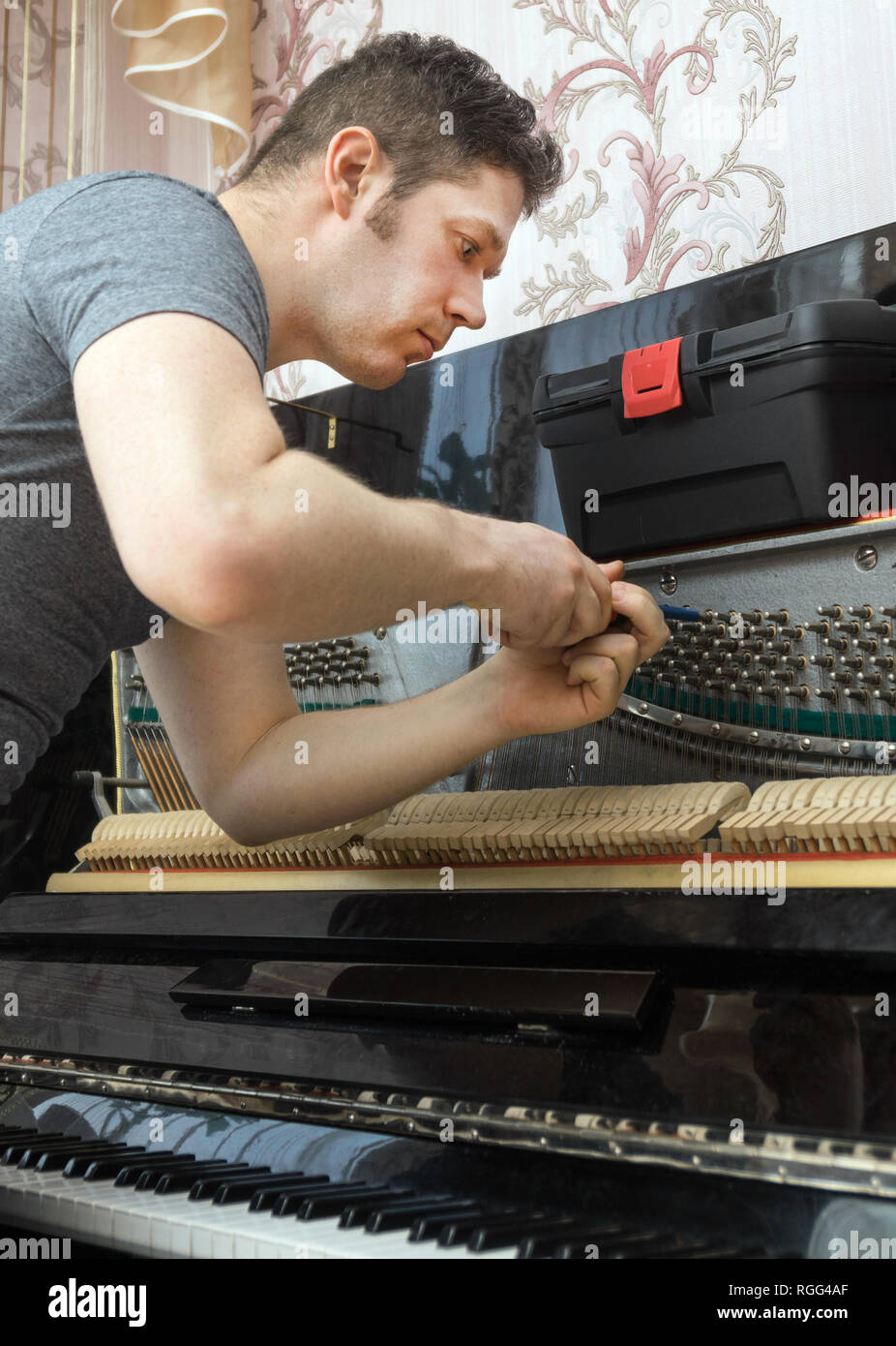 Master professionale tuning il pianoforte con utensile a cricchetto. Foto Stock