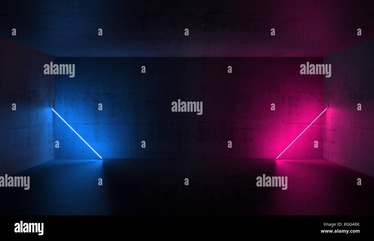 Abstract vuoto scuri interni in calcestruzzo con colorate luci al neon, 3D Rendering immagine Foto Stock