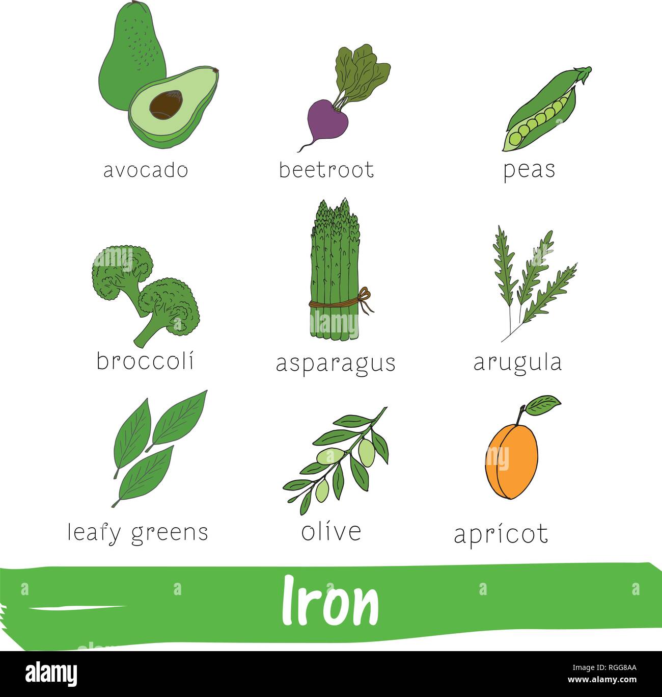 La verdura e la frutta con un alto contenuto di ferro. Disegnata a mano vector vitamina impostato Illustrazione Vettoriale