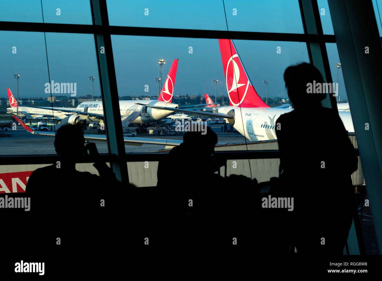 La Turkish Airlines aerei parcheggiati sulla pista al terminal aeroportuale Foto Stock