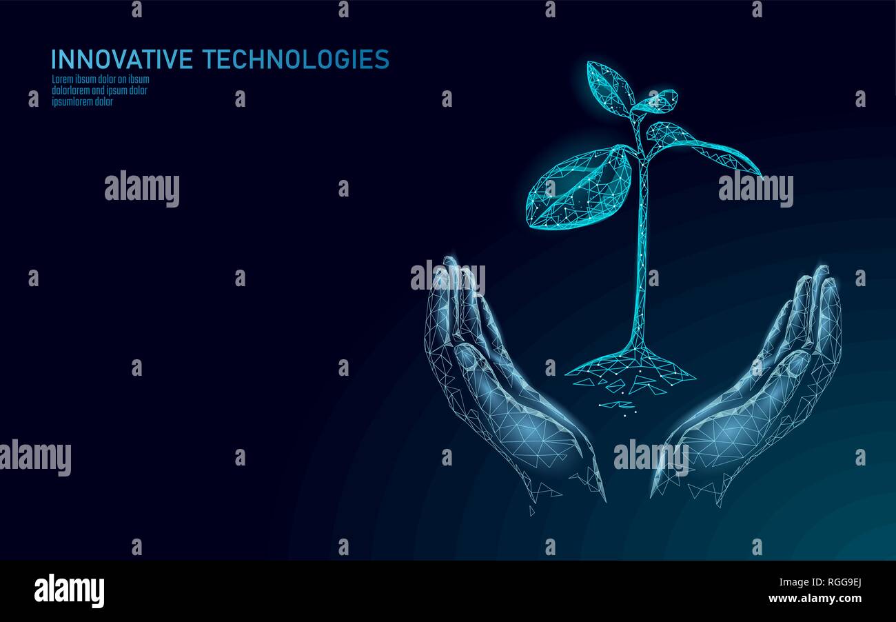Mani impianto ecologico di germogli concetto astratto. 3D render piantina foglie. Salvare il pianeta ambiente natura grow life eco triangoli poligono Illustrazione Vettoriale
