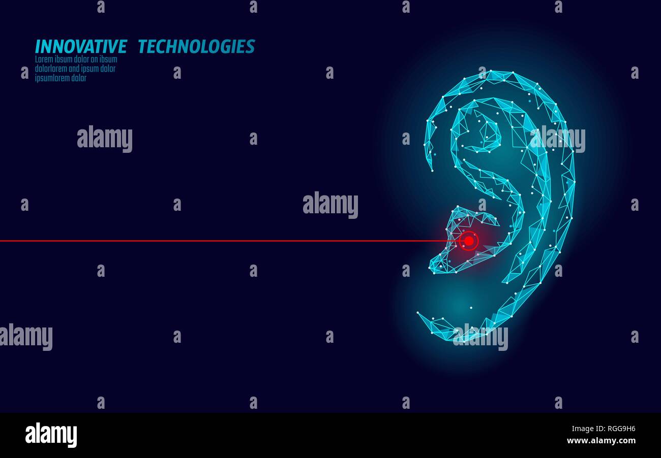 Il mondo dei sordi audizione giorno. Orecchio umano organ bassa poli. Triangolo poligonale della linea punto particella innovazione futuristico centro medico di prevenzione di aiuto consapevolezza Illustrazione Vettoriale