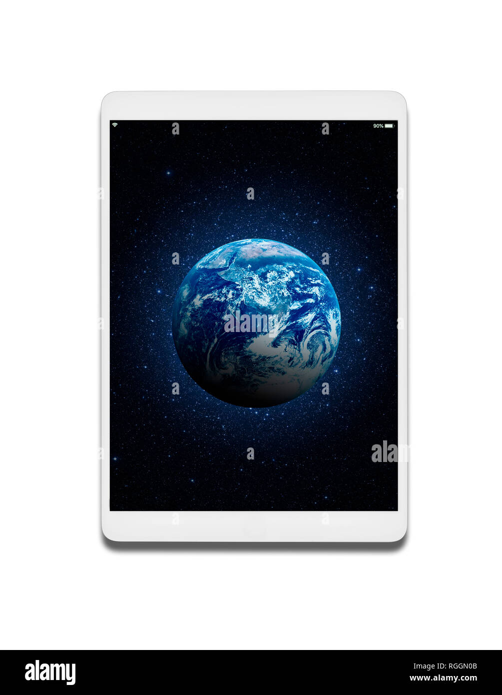 Bianco Tablet computer con uno screen saver immagine della terra. Su uno sfondo bianco. Foto Stock