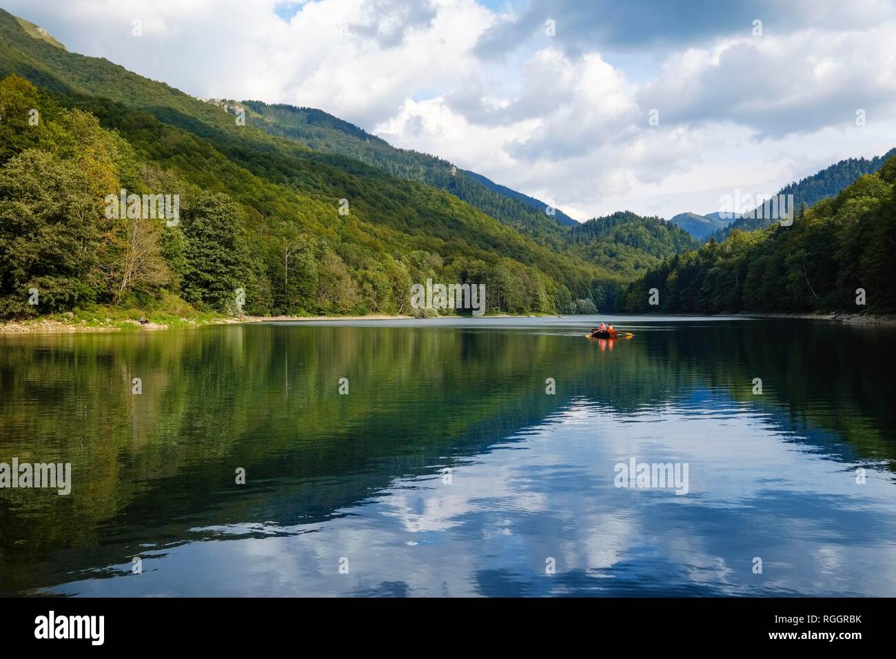 Barca a remi su Biogradsko jezero, Biogradska Gora National Park, Kolasin Provincia, Montenegro Foto Stock