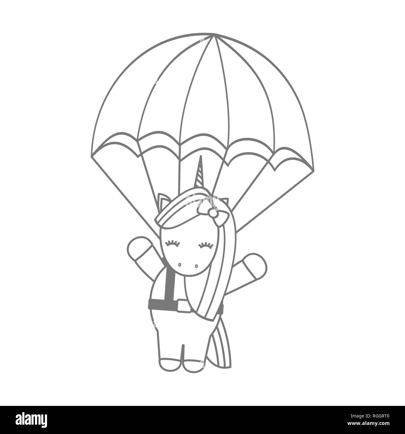 Carino grazioso cartoon unicorn battenti con paracadute divertente in bianco e nero illustrazione vettoriale Illustrazione Vettoriale