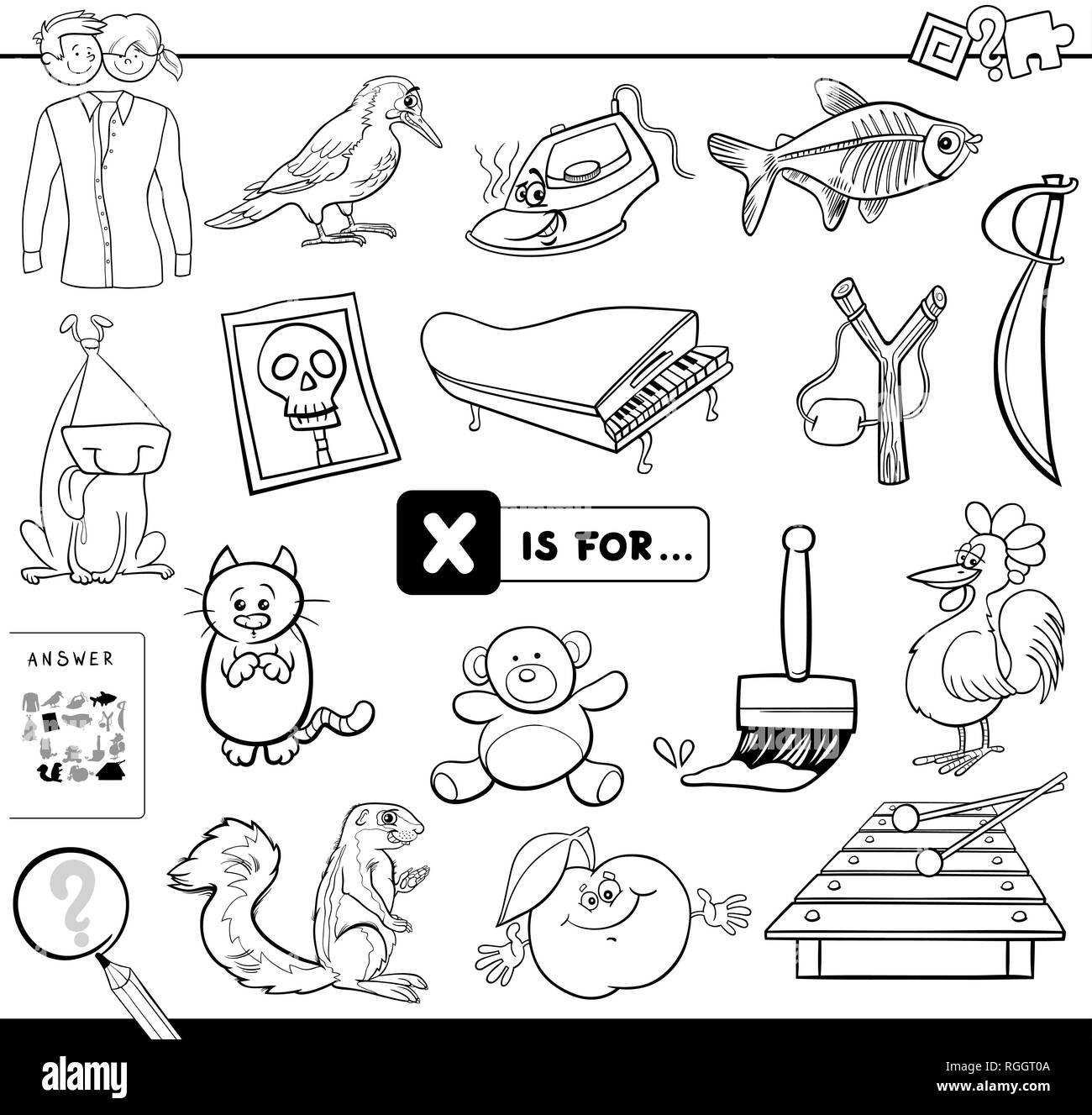 Bianco e Nero Cartoon illustrazione di trovare foto che iniziano con la lettera X gioco educativo eserciziario per bambini Libro da colorare Illustrazione Vettoriale
