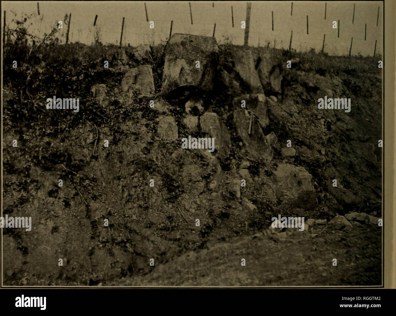 . Bollettino della Geological Society of America. La geologia. La figura 1. -Vista Xephelixe Syexite Dike cinque miglia a sud-est del monte Solox mostrando boulderv caratteristico affioramento di battuta. Figura 2.-Vista del dicco Camptonite esposte lungo la strada pubblica a un miglio N'oetb di Mossy Creek illustrante sferoidale esposizioni di resistenza agli agenti atmosferici di nefelina sienite e CAMPTONITE dighe nel nord della contea di Augusta, Virginia. Si prega di notare che queste immagini vengono estratte dalla pagina sottoposta a scansione di immagini che possono essere state migliorate digitalmente per la leggibilità - Colorazione e aspetto di queste illustrazioni potrebbero non perfettamente resemb Foto Stock