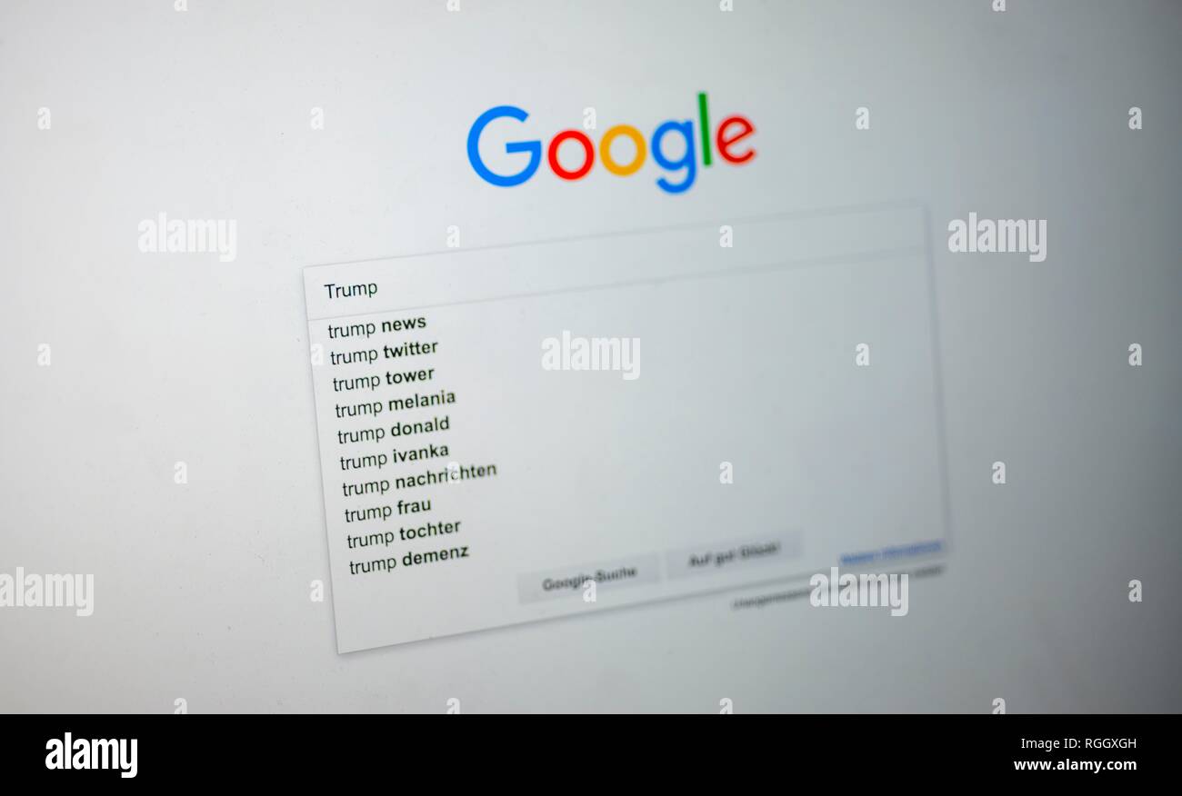 Google, home page con la voce di ricerca Trump, motore di ricerca, Internet, screenshot, Germania Foto Stock