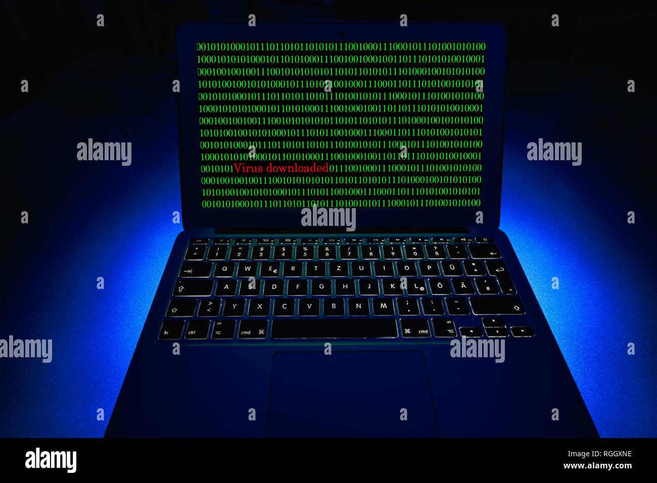 Computer portatile con i numeri binari sullo schermo. Immagine simbolo di malware e virus alarm, la criminalità informatica, la protezione dei dati, Baden-Württemberg Foto Stock
