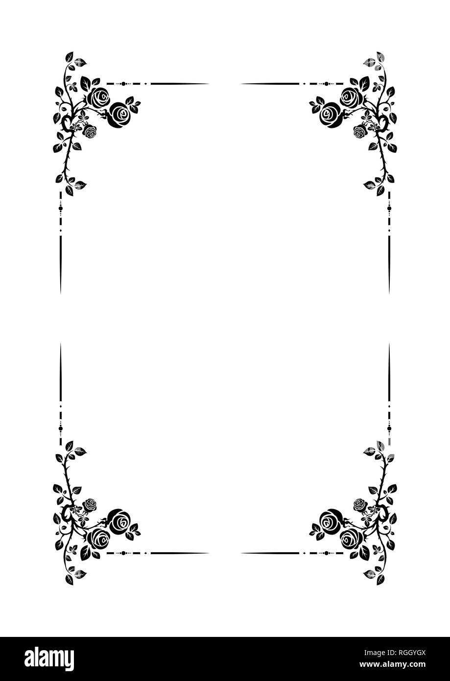 Nero elegante cornice di rose per le feste di nozze di design, anniversario festa di compleanno. Per l'invito, biglietto, foglio, banner, poster e il tatuaggio. Fai Illustrazione Vettoriale