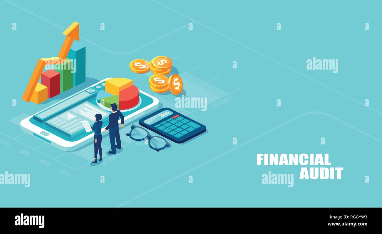 Audit finanziario concetto. Isometrica illustrazione vettoriale di imprenditori analizzando corporate fianncial relazione e profitti isolato su sfondo blu Illustrazione Vettoriale