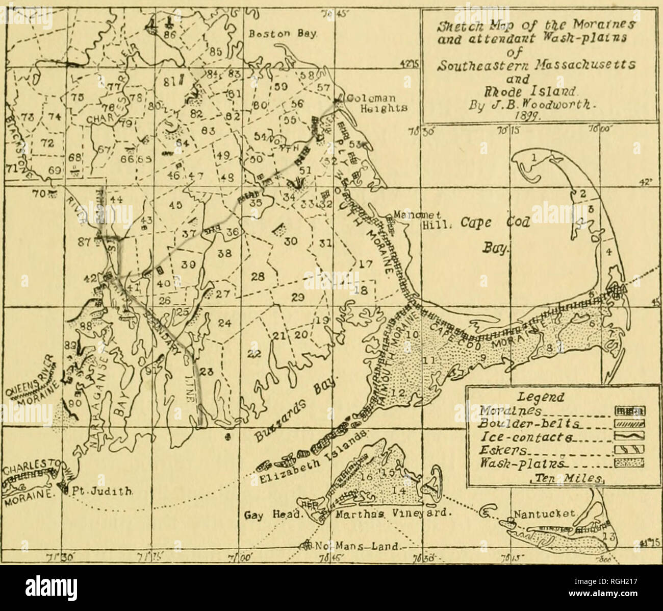 . Bollettino dell'Essex Institute. Essex Institute; Storia Naturale -- periodici; contea di Essex (messa. ) -- La storia dei periodici. Alcuni GLAOTAT. Lavare-pianure. 119. Spiegazione della mappa, FIG. 7. I numeri si riferiscono alle città. Quelli menzionati nel testo sono come segue: 5, Brewster, ad est della quale giace Orleans; 6, Harwich; 7, Chatham; 8, Dennis, a ovest del quale è Yarmouth; 9, Barnstable; 10, sandwich; 11, Mashpee; 12, Falmouth; 13, Nantucket; 14, Edgar- città; 15, Cottage città; 16, Nord Tisbury; 17, Plymouth; 24, Fall River; 27, Freetown; 28, Lakeville; 30, Middleboro; 33, Plyrapton; 32, Kingston; 34, Ha Foto Stock