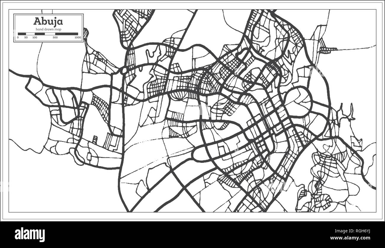 Nigeria Abuja Mappa della città in stile retrò. Mappa di contorno. Illustrazione Vettoriale. Illustrazione Vettoriale