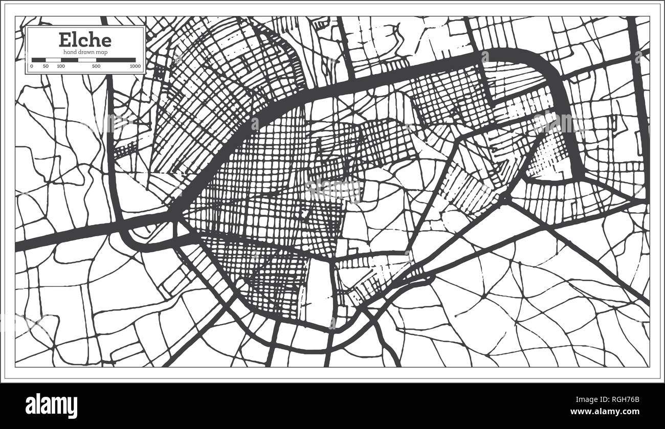 Elche Spagna Mappa della città in stile retrò. Mappa di contorno. Illustrazione Vettoriale. Illustrazione Vettoriale