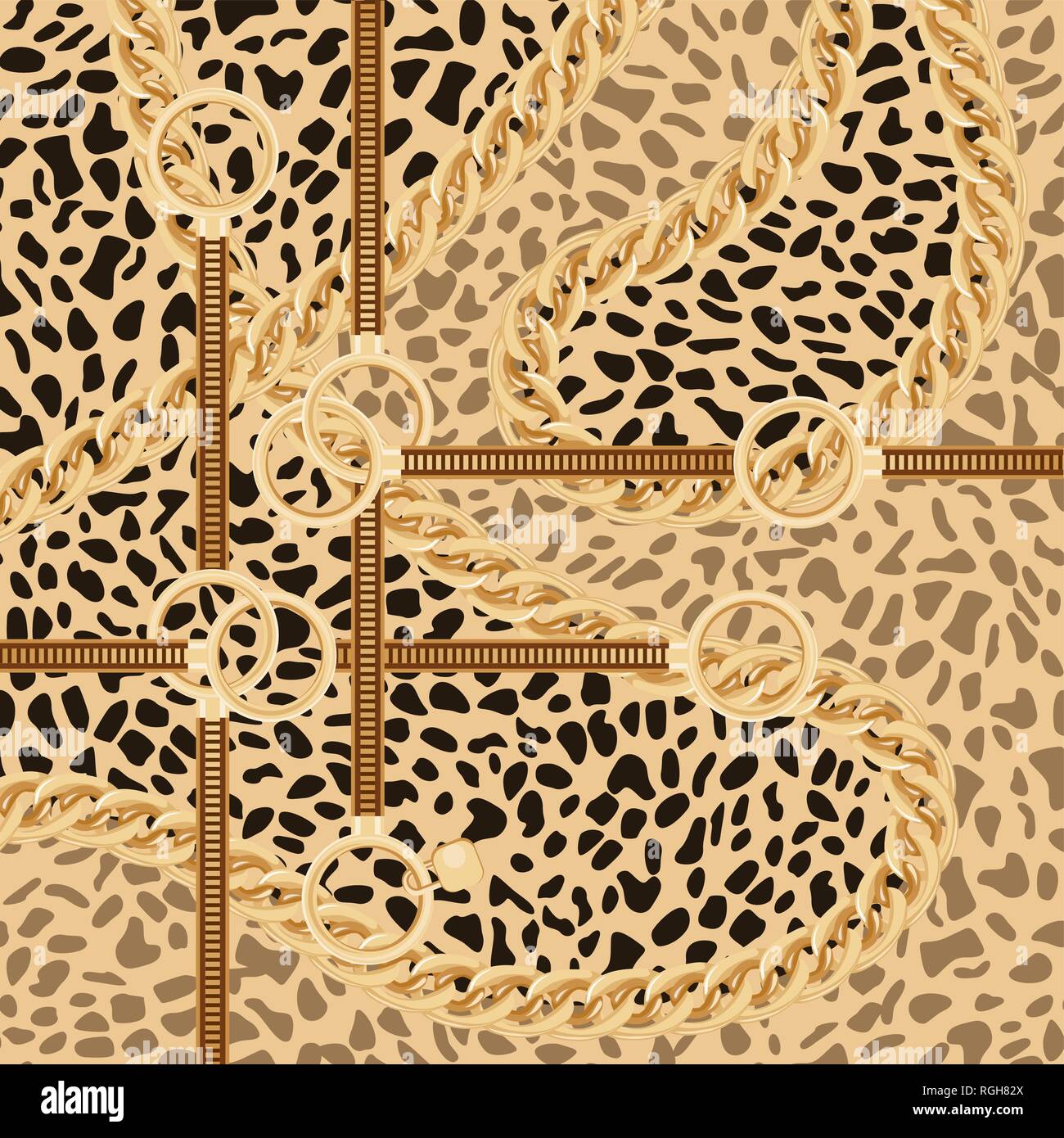 Leopard Pattern con catena dorata e cinghie per disegno di tessuto. Illustrazione Vettoriale. Foulard di seta Design. Illustrazione Vettoriale
