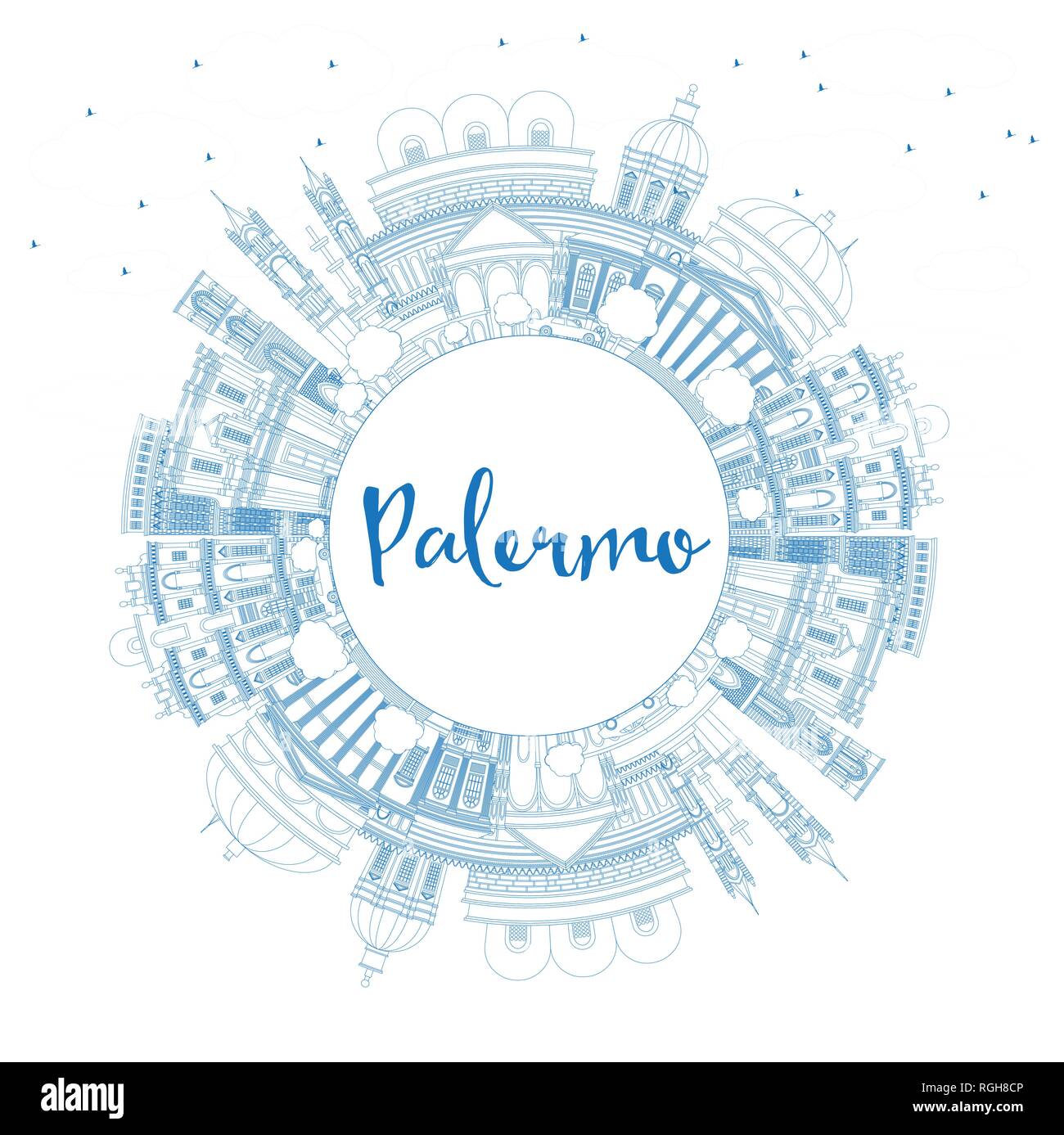 Delineare Palermo Italia skyline della città con edifici blu e copia di spazio. Illustrazione Vettoriale. Viaggi di affari e turismo Concept. Illustrazione Vettoriale