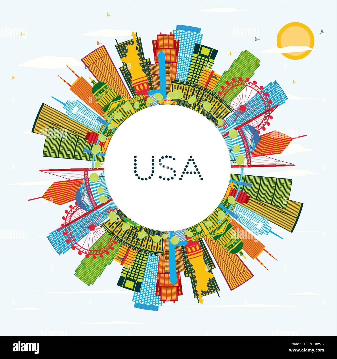 Stati Uniti d'America skyline di grattacieli di colore e punti di riferimento. Illustrazione Vettoriale. Viaggi di affari e di turismo con il concetto di architettura moderna. Illustrazione Vettoriale