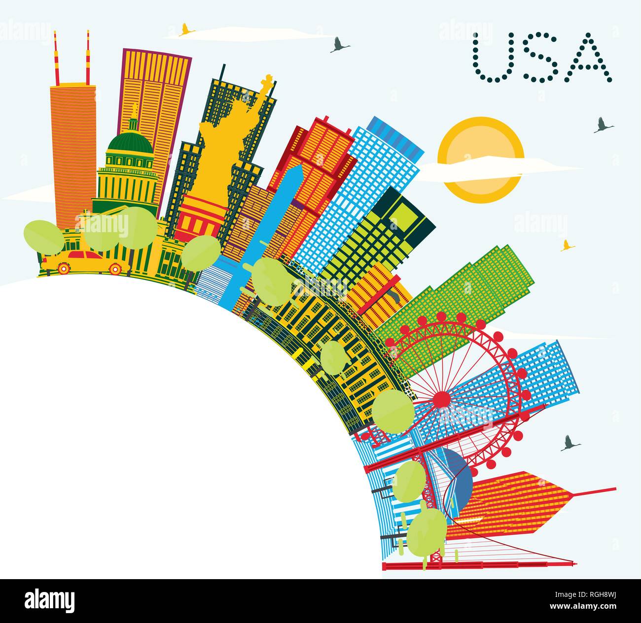 Stati Uniti d'America skyline di grattacieli di colore e punti di riferimento. Illustrazione Vettoriale. Viaggi di affari e di turismo con il concetto di architettura moderna. Illustrazione Vettoriale