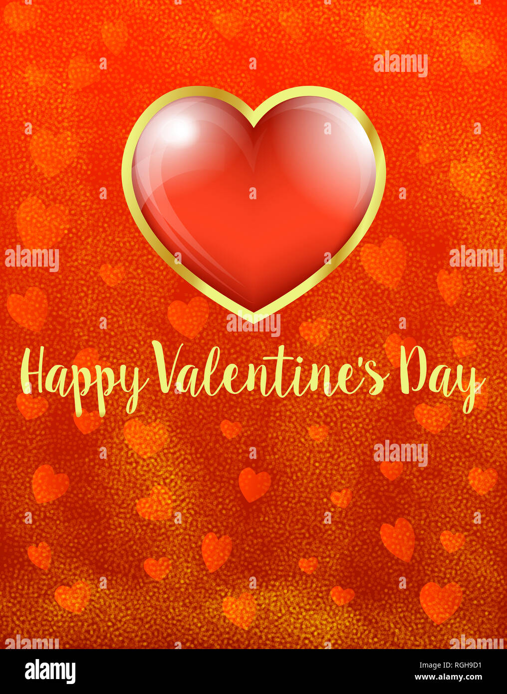 La carta oro rosso cuore felice il giorno di San Valentino, cuore sul cuore di sfondo - Scheda di San Valentino Foto Stock