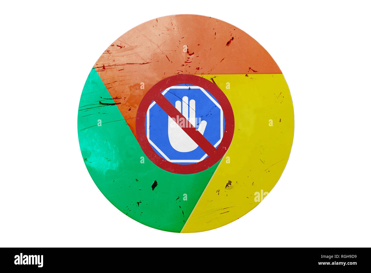 Google Chrome logo e adblock app, concetto, isolato in uno sfondo bianco Foto Stock
