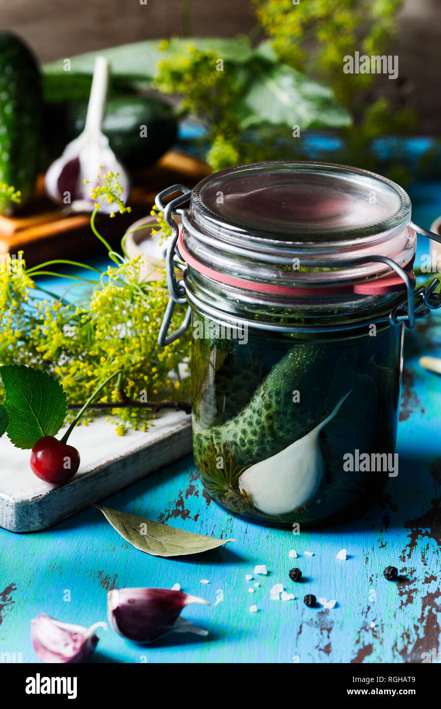 La preparazione di fermentare e vegetariana conserve alimentari, in casa di cetrioli sottaceto nel vasetto di vetro Foto Stock
