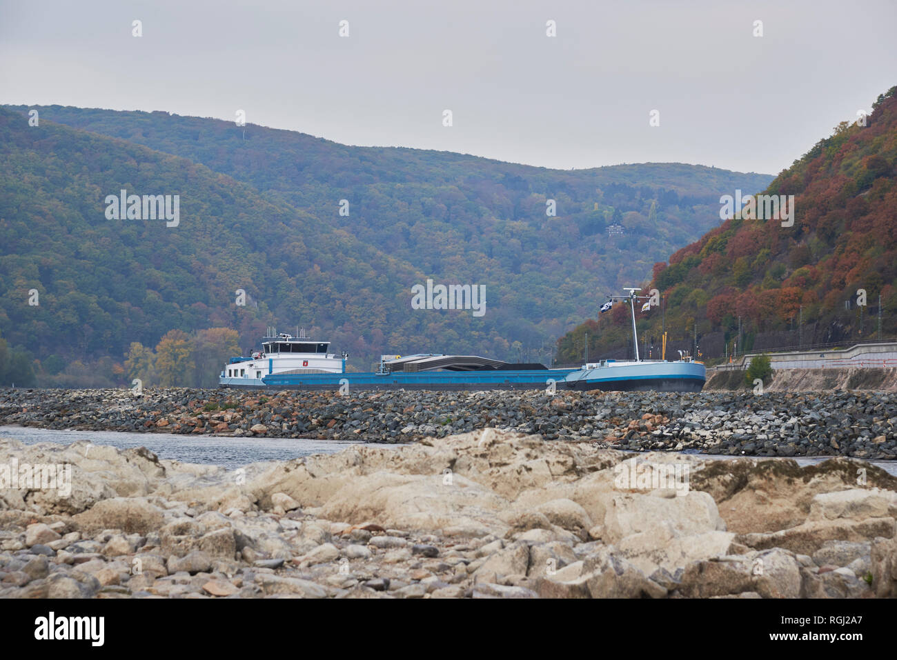 In Germania, in Renania Palatinato, Bingen, Reno, bassa marea, nave da carico Foto Stock