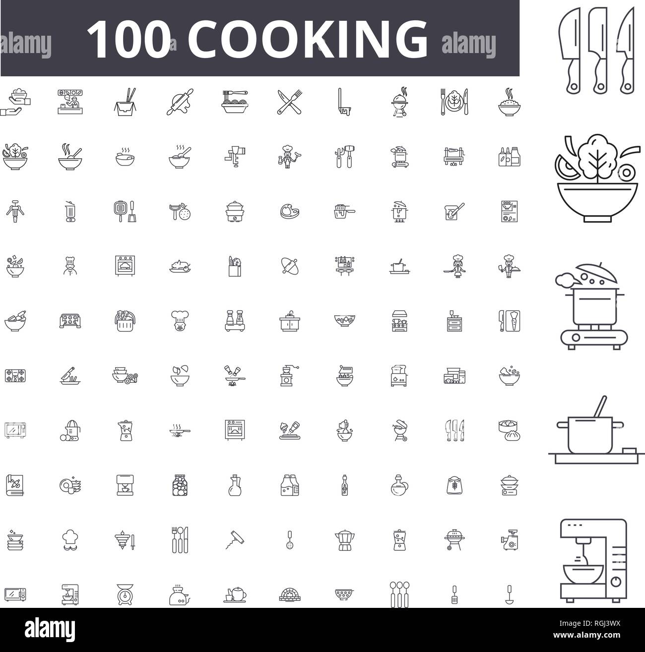 La cottura della linea modificabile, icone 100 set di vettore, raccolta. La cottura di contorno nero illustrazioni, segni, simboli Illustrazione Vettoriale