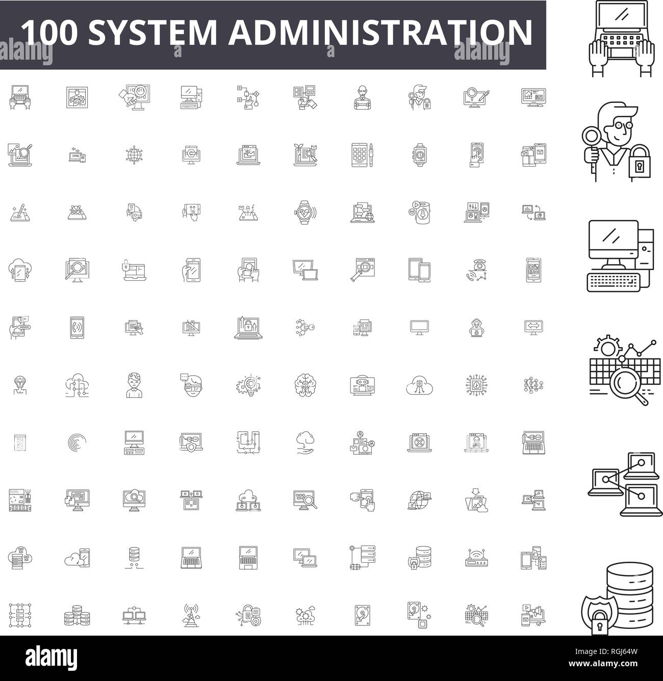 Amministrazione di sistema linea modificabile icone, 100 set di vettore, raccolta. Amministrazione di sistema contorno nero illustrazioni, segni, simboli Illustrazione Vettoriale