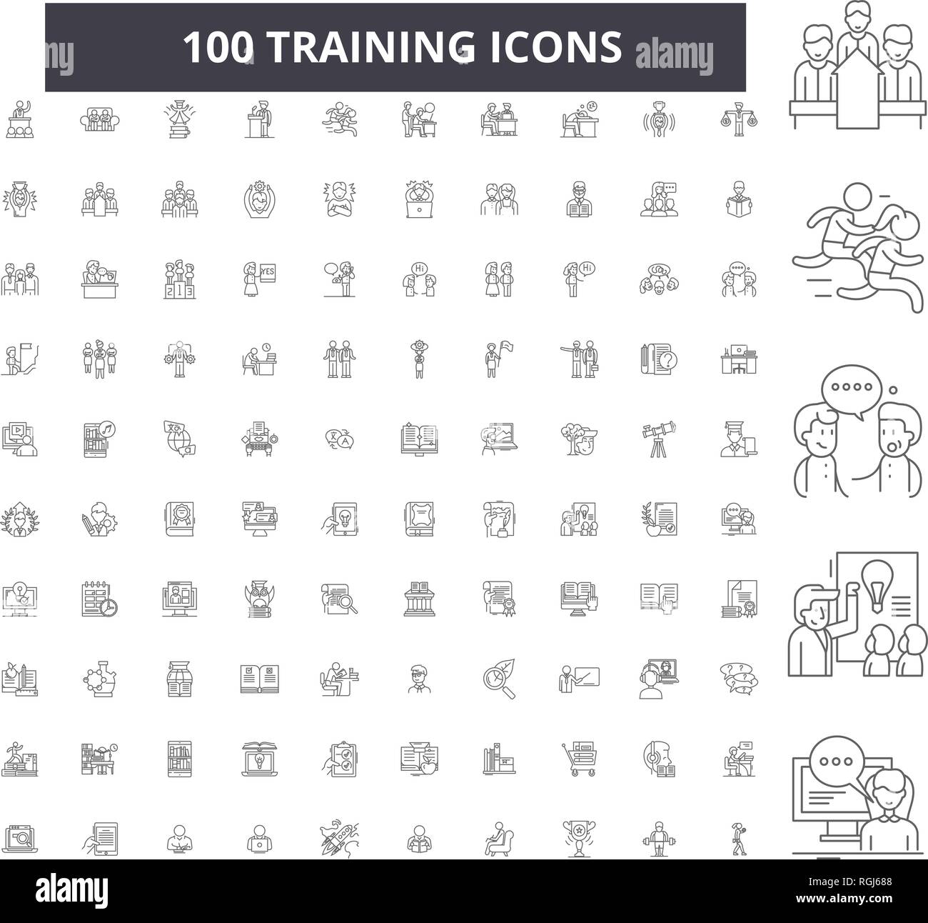 Formazione linea modificabile icone, 100 set di vettore, raccolta. Formazione contorno nero illustrazioni, segni, simboli Illustrazione Vettoriale