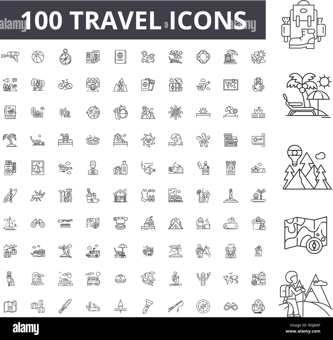 Viaggio linea modificabile icone, 100 set di vettore, raccolta. Travel contorno nero illustrazioni, segni, simboli Illustrazione Vettoriale