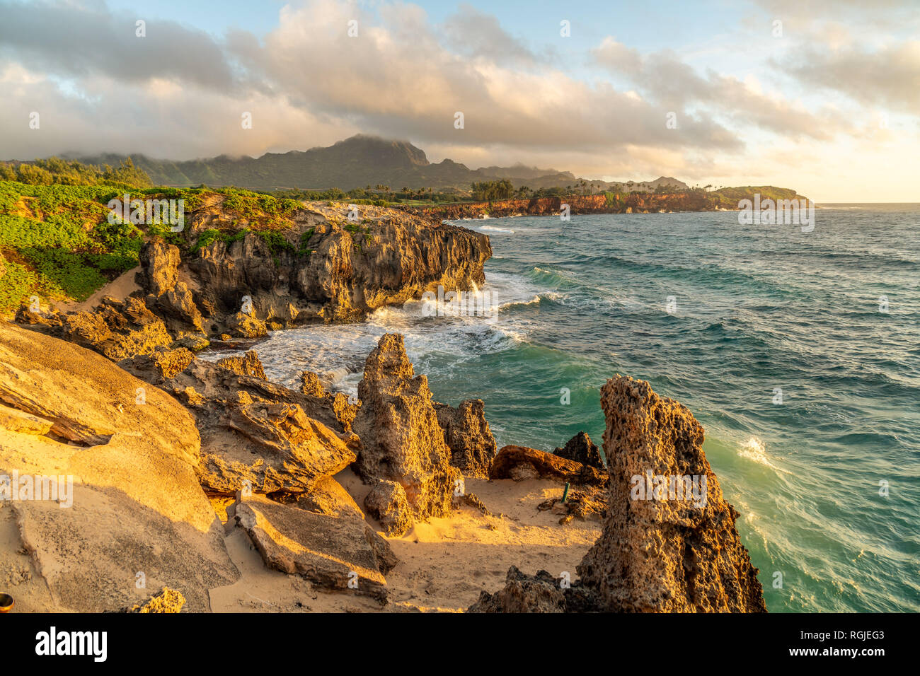 Strana formazione di roccia su un promontorio dall'oceano, Poipu, Koloa, Kauai, Hawaii Foto Stock
