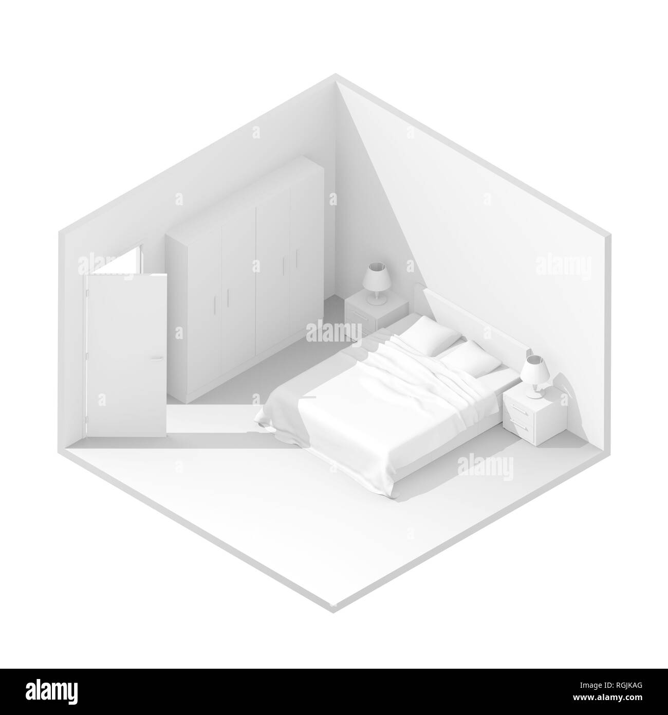3D isometrica illustrazione di rendering del bianco camera da letto arredata Foto Stock
