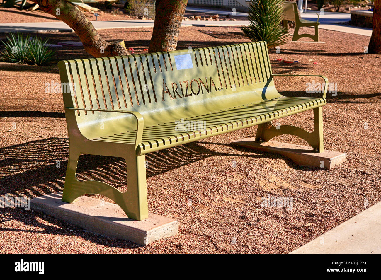 Parco di metallo sedile unico sul l'Università di Arizona Campus in Tucson AZ Foto Stock