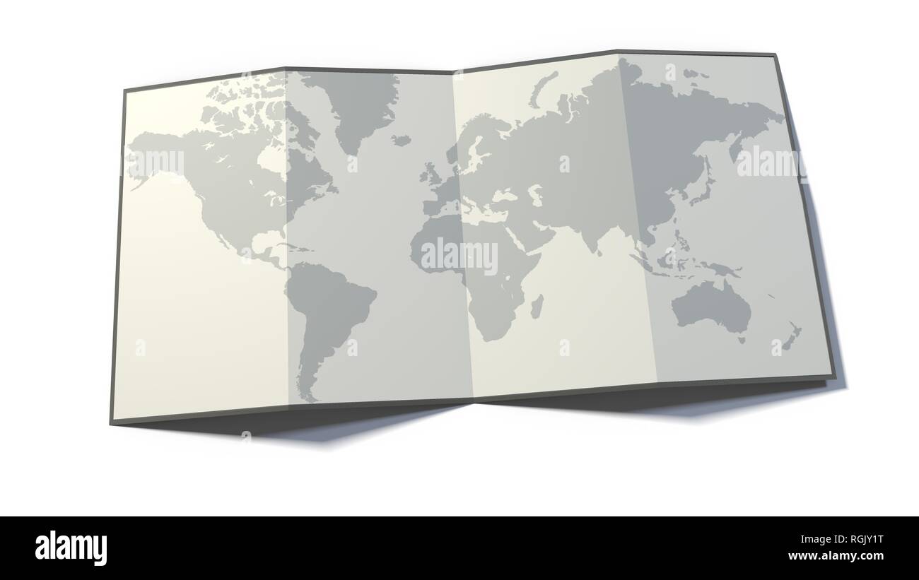 Mappa del mondo, disegnato su un foglio ripiegato, planisfero appoggiato su di una superficie, rendering 3D Foto Stock