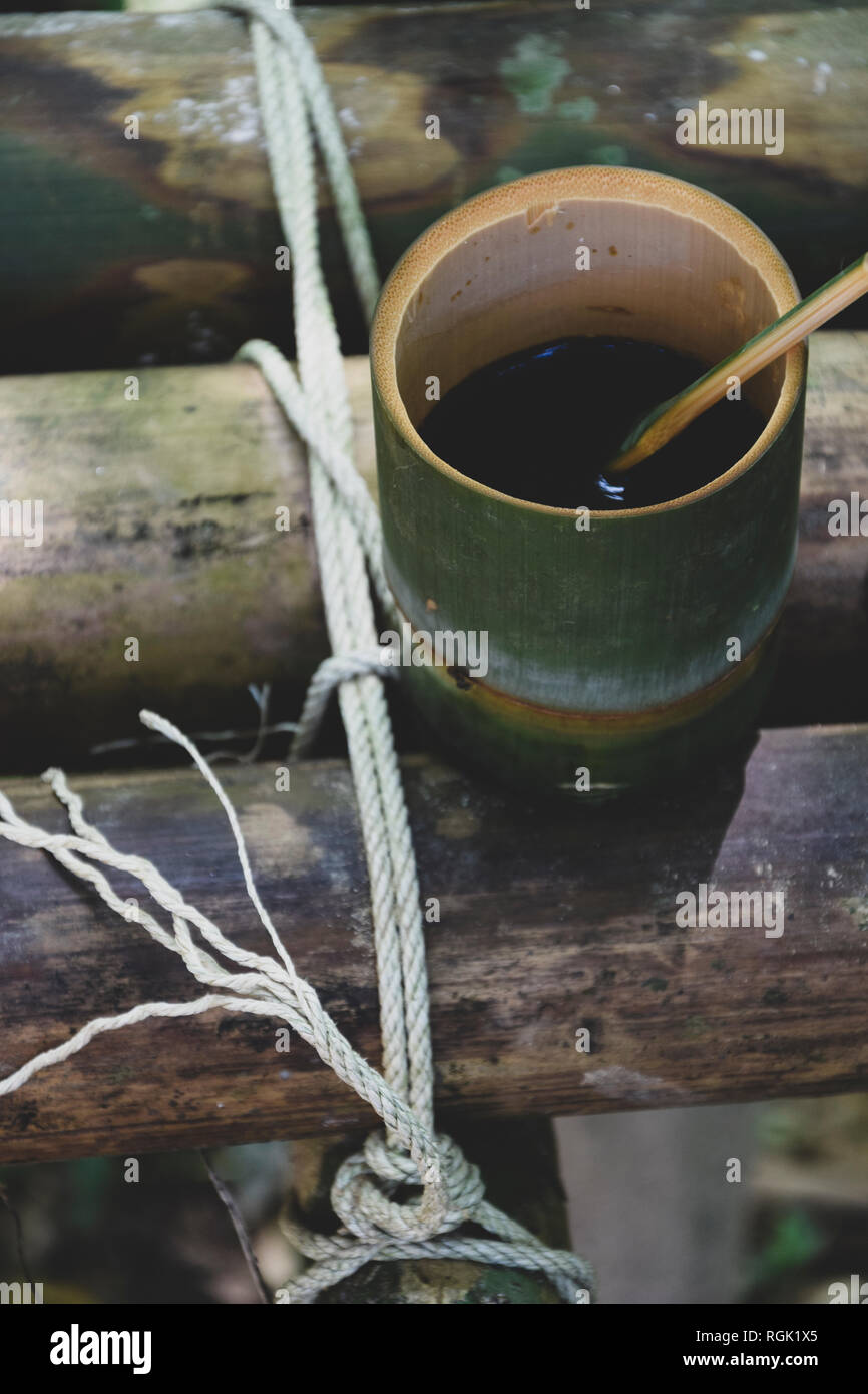 Bio freschi fatti di bambù e coppa cucchiaio riempiti a caldo con delizioso caffè caldo su un banco nella giungla in Thailandia. Ecoturismo Foto Stock