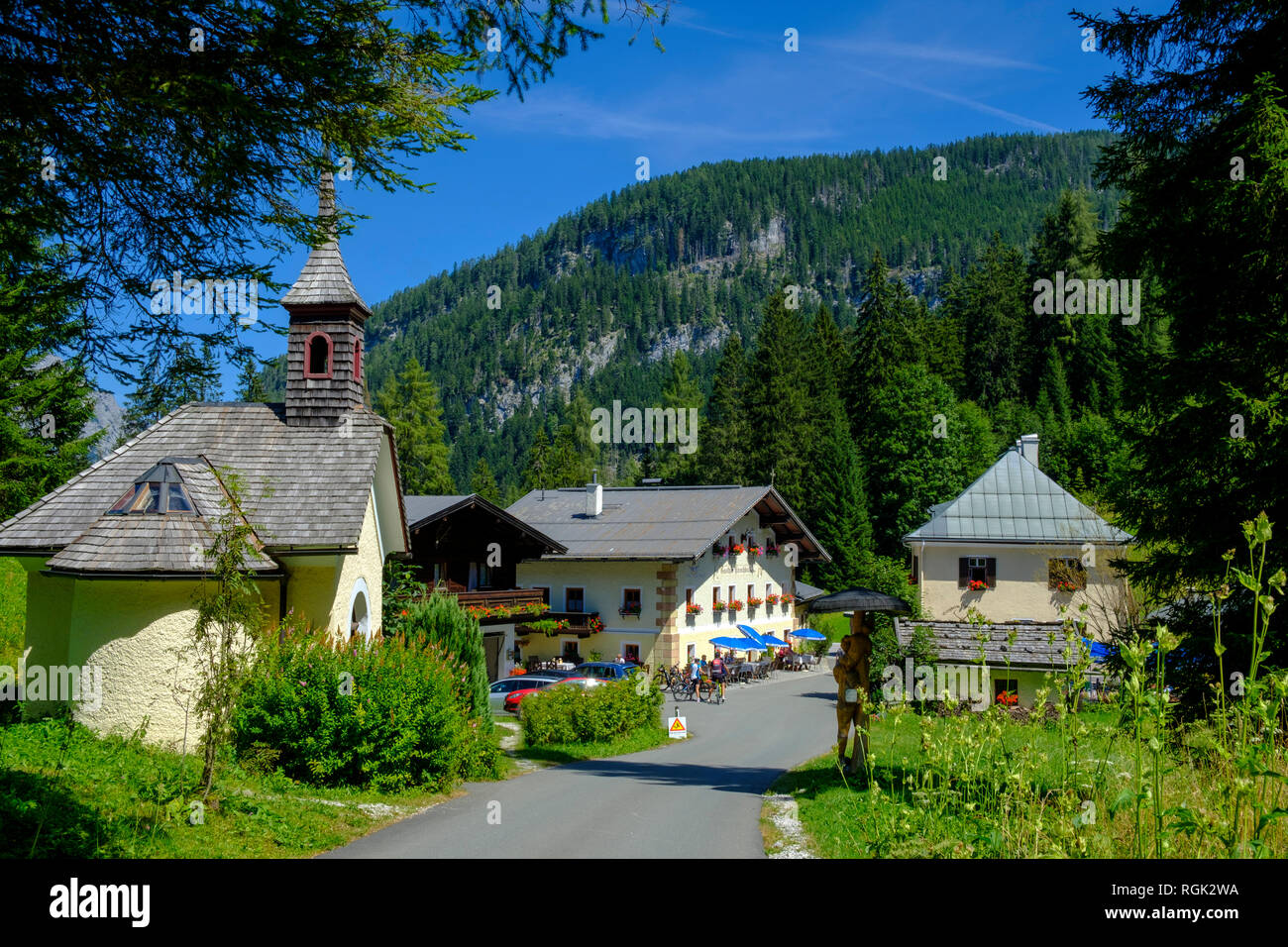 Salisburgo, Austria Membro, Klausbach valley, alpine guest house Hirschbichl e cappella Foto Stock