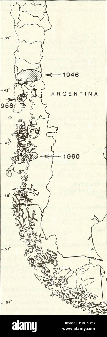 . Bollettino della British ornitologi' Club. Gli uccelli. Manuel Marin et al. 79 - Boll.B.O.C. 1989, 109(2) T2' Perù / ,.. BOLIVIA 1986 -i 4r® -2 1*- / -24° 1946 -27' -^&GT; " 1943-^ 1923-&gt;- -30* ., [ ARGENTINA -33' 1924-^fc iV^ 1916 "£-1868 3-^1912- fT9io- 1921 F 1911 191 2^ -36* "cS 1918 19°CS- 1958. 400 kllomete figura 2. Mappa che mostra la gamma storica espansione del lucido Molothrus Cowbird bonariensis in Cile.. Si prega di notare che queste immagini vengono estratte dalla pagina sottoposta a scansione di immagini che possono essere state migliorate digitalmente per la leggibilità - Colorazione e aspetto di queste illustrazioni possono Foto Stock