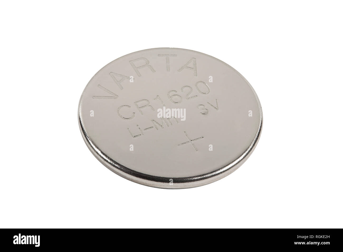 Un litio Varta batteria bottone per una chiave auto isolato su uno sfondo bianco Foto Stock