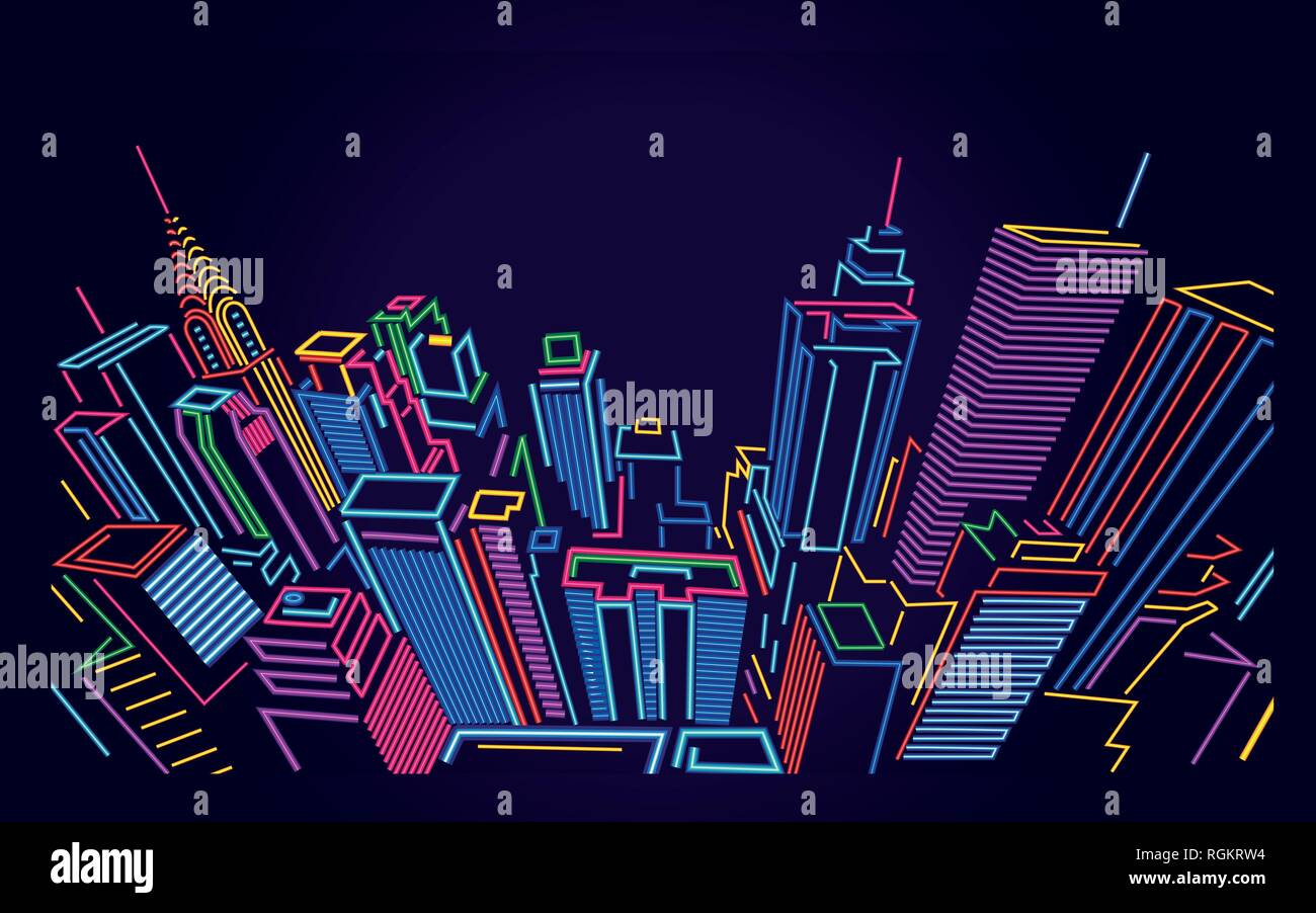 Manhattan urban skyline insegne al neon Illustrazione Vettoriale