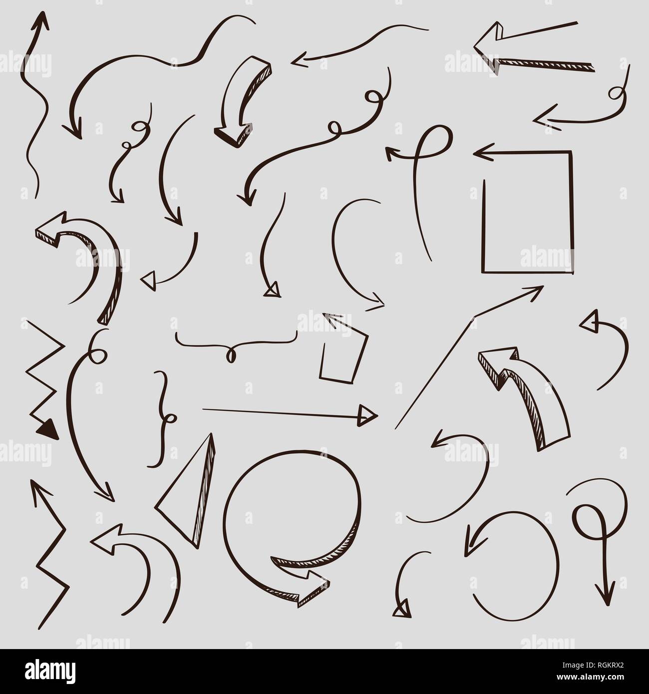 Serie di frecce. Disegnato a mano schizzi scribble. Tangled frecce. Array di linee. Bianco e nero illustrazione. Doodle per design e business Illustrazione Vettoriale