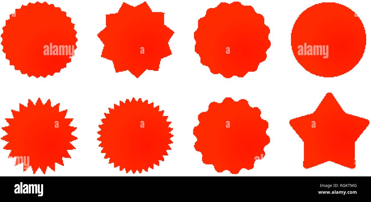 Set di stella rossa o a forma di sole vendita adesivi. Promozionale note appiccicose ed etichette Illustrazione Vettoriale