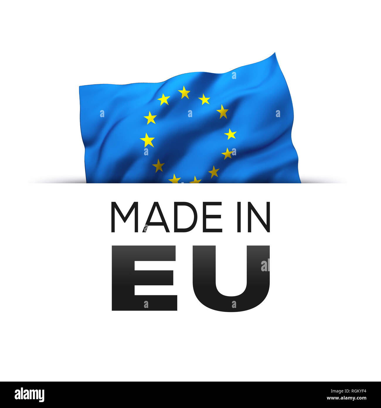 Made in EU Europe - etichetta di garanzia con una sventola bandiera dell'Unione europea. Foto Stock