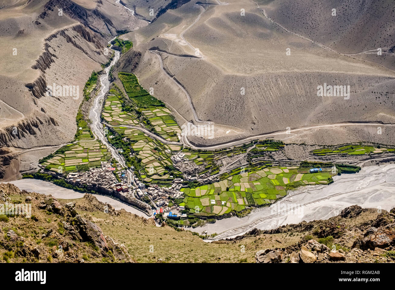 Vista aerea sulla città e dintorni agricoli della Kali Gandaki valley Foto Stock
