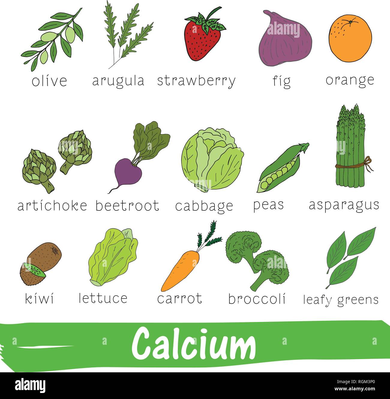 La verdura e la frutta con un alto contenuto di calcio. Disegnata a mano vitamina impostato Illustrazione Vettoriale