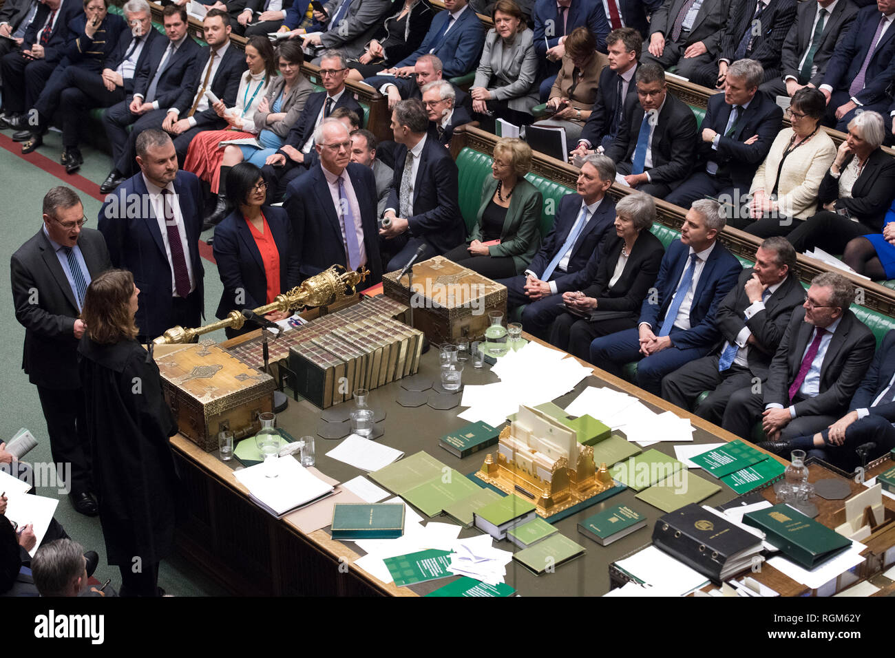 Londra, Regno Unito. 29 gen, 2019. Foto scattata a gennaio 29, 2019 mostra una vista generale della votazione sulla trattativa Brexit emendamenti alla Camera dei Comuni di Londra, Gran Bretagna. Pochi giorni dopo la sofferenza il più grande umiliazione in British storia politica, Primo Ministro Theresa Maggio era più vicina che mai Martedì a raggiungendo infine un fantomatico Brexit trattativa. Da 317 voti a 301, MPs in House of Commons ha dato il proprio appoggio a maggio la trattativa che hanno rifiutato la prima di questo mese, fornendo le modifiche vengono apportate alla cosiddetta Irish fermo problema di confine. Credit: UK Parlamento/Jessica Taylor/Xinhua/Alamy Live News Credi Foto Stock