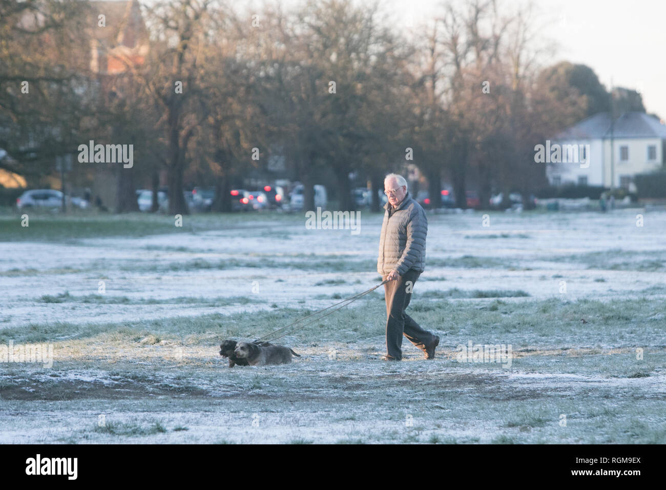 Londra REGNO UNITO. Il 30 gennaio 2019. La gente a piedi su Wimbledon Common coperti in pesante la brina e il ghiaccio su un terribilmente freddo mattino come le temperature scendono al di sotto di credito di congelamento: amer ghazzal/Alamy Live News Foto Stock