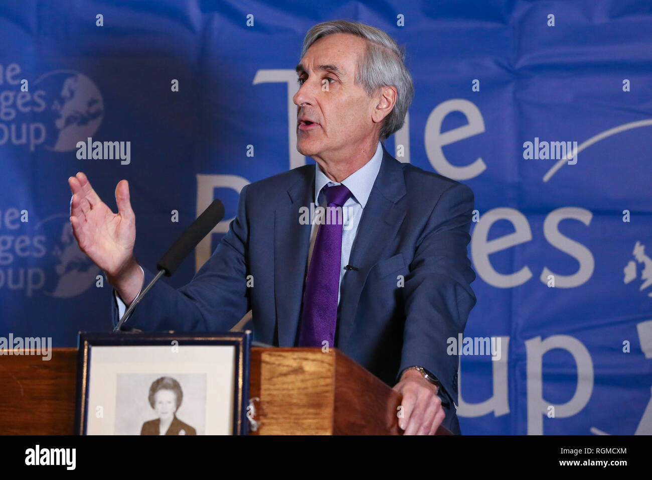 Westminster. Londra, UK 30 Jan 2019 - Sir John Redwood MP- ex Segretario di Stato e servizio privato Consigliere parlando al gruppo di Bruges caso concentrandosi sulle questioni della Gran Bretagna al di fuori della Unione Europea. Credito: Dinendra Haria/Alamy Live News Foto Stock